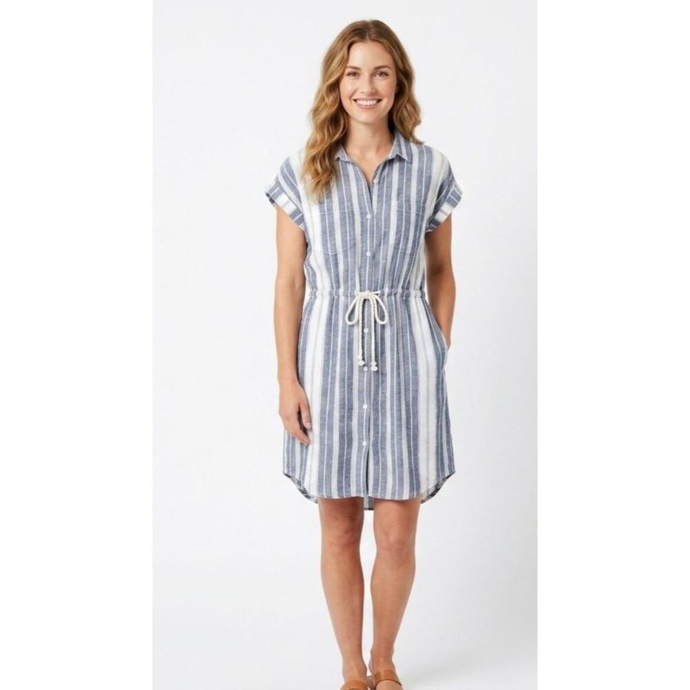 Japna Striped Shirt Dress S Small Blue White Drawstring Collared Button Up EUC